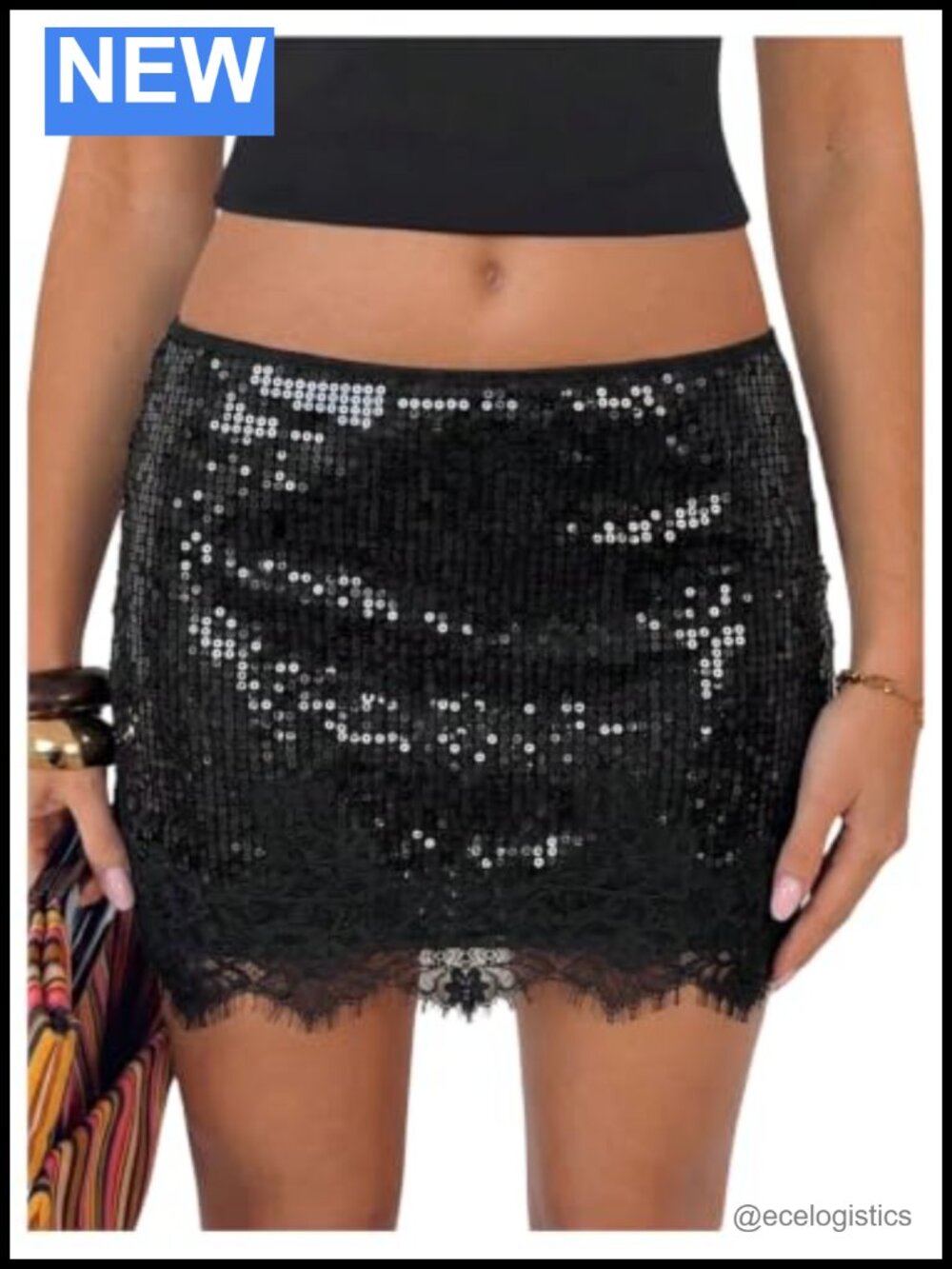 Women's Sequin Sparkly Pencil Mini Skirt Low Rise Lace Trim Night Out